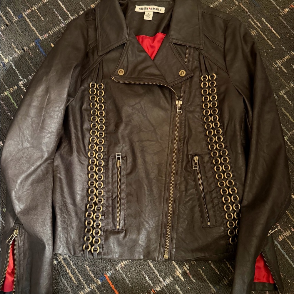 Andrew Charles Moto  brown Faux Leather Jacket with Chain Detail LIKE NEW